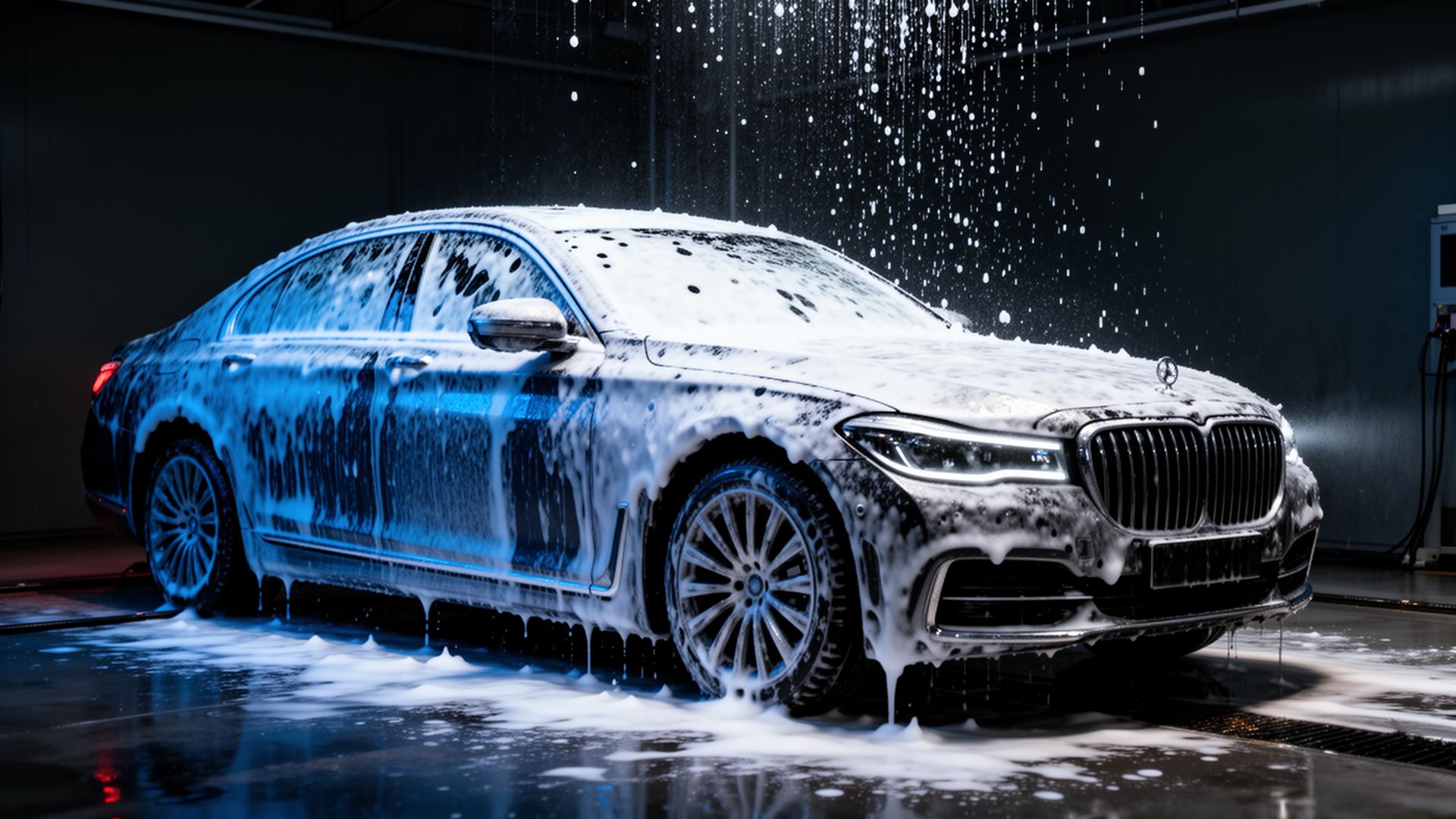 Luxury car covered in premium foam at professional car wash